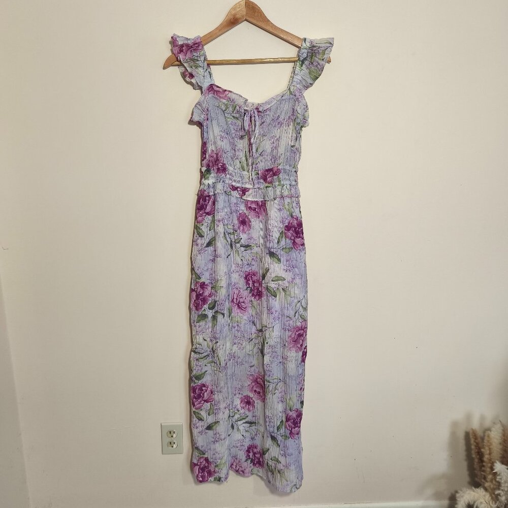 Mary and Mo Crepe Floral Milkmaid Maxi Midi Dress sz XS/S Purple Green Romantic
